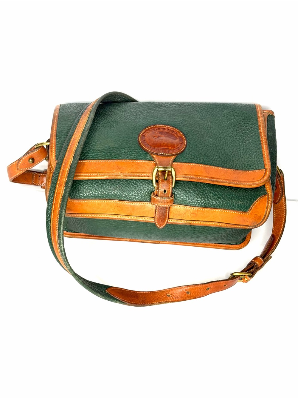 Dooney & Bourke Forest Green Pebbled Leather Crossbody with Tan Trim